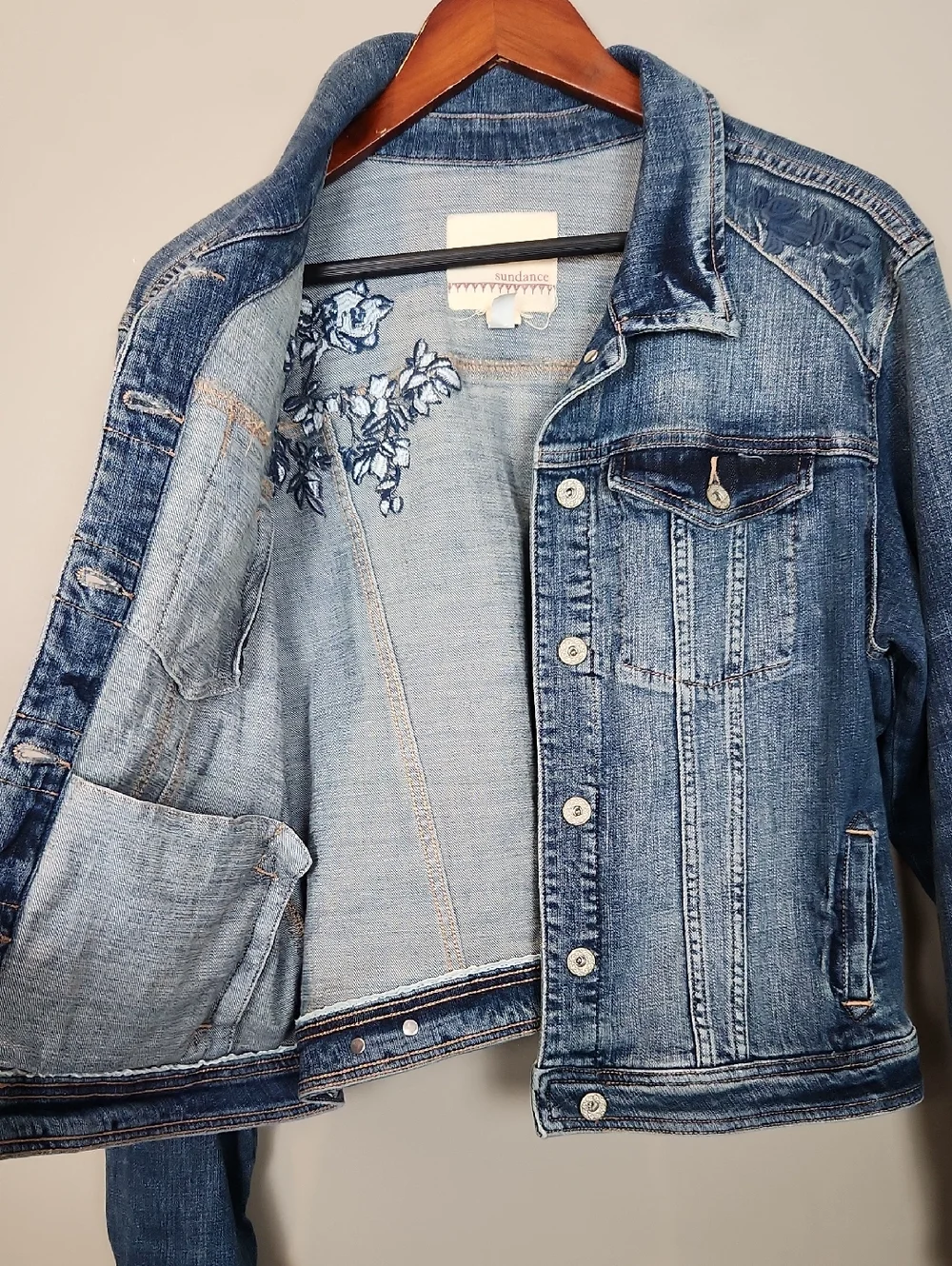 Sundance Floral Embroidered Blue Denim Jacket Size XL